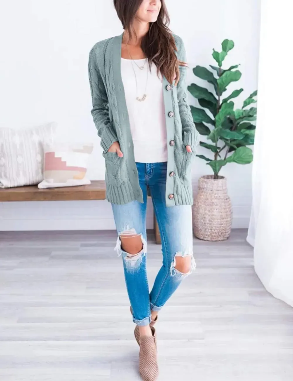 MEROKEETY Women's 2024 Fall Long Sleeve Cable Knit Sweater Open Front Cardigan Button Loose Outerwear