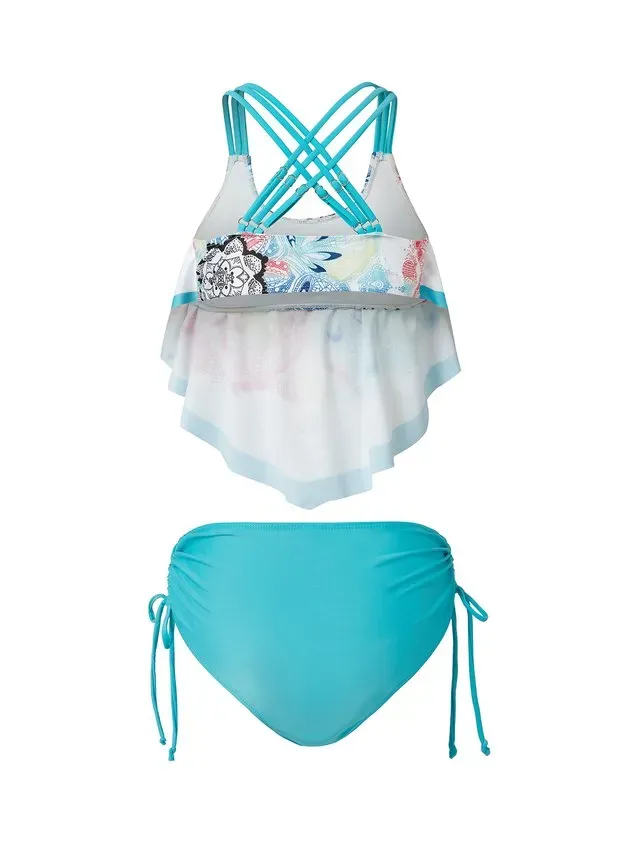 Vacation Ethnic Flouncing Scoop Neck Tankinis Two-Piece Set