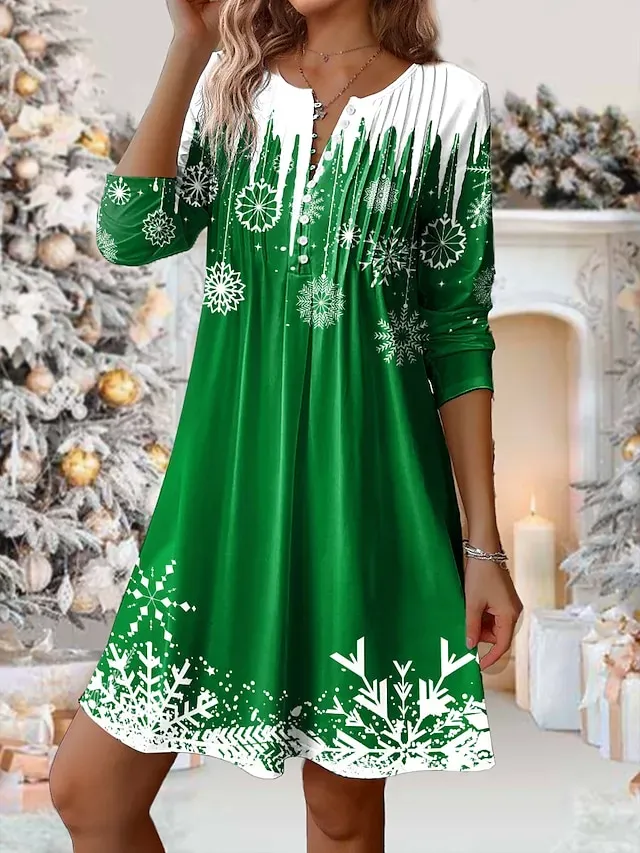 Women's Red Christmas Dress Winter Dress Snowflake Print Button Split Neck Mini Dress Fashion Basic Outdoor Christmas Long Sleeve Loose Fit Wine Navy Blue Blue Fall Winter S M L XL XXL