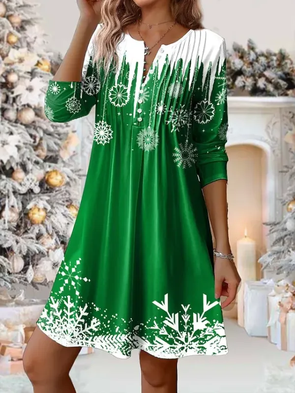 Women's Red Christmas Dress Winter Dress Snowflake Print Button Split Neck Mini Dress Fashion Basic Outdoor Christmas Long Sleeve Loose Fit Wine Navy Blue Blue Fall Winter S M L XL XXL