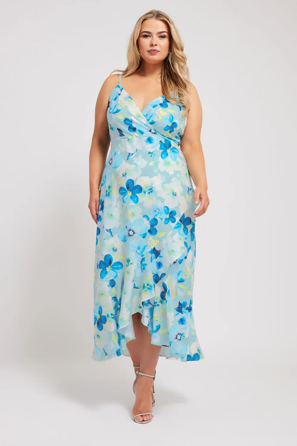 YOURS LONDON Curve Blue Floral Print Ruffle Wrap Dress