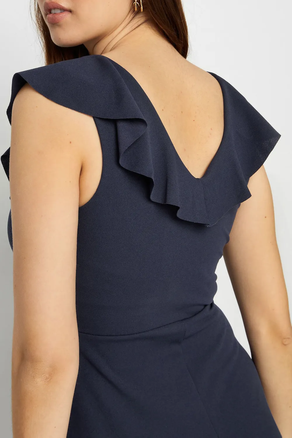 Navy Blue Frill Wrap Midi Dress