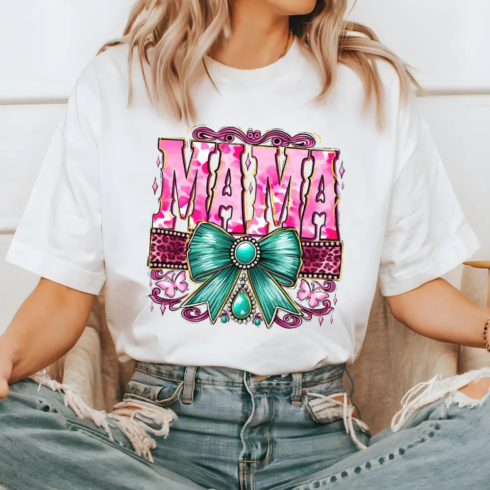 Pink Capital Letters “MAMA” Slogan And A Teal Bow, Jewel Decoration, Surrounded By Pink Flowers And Stripes Decorative Band Monogram, Casual T-Shirt.