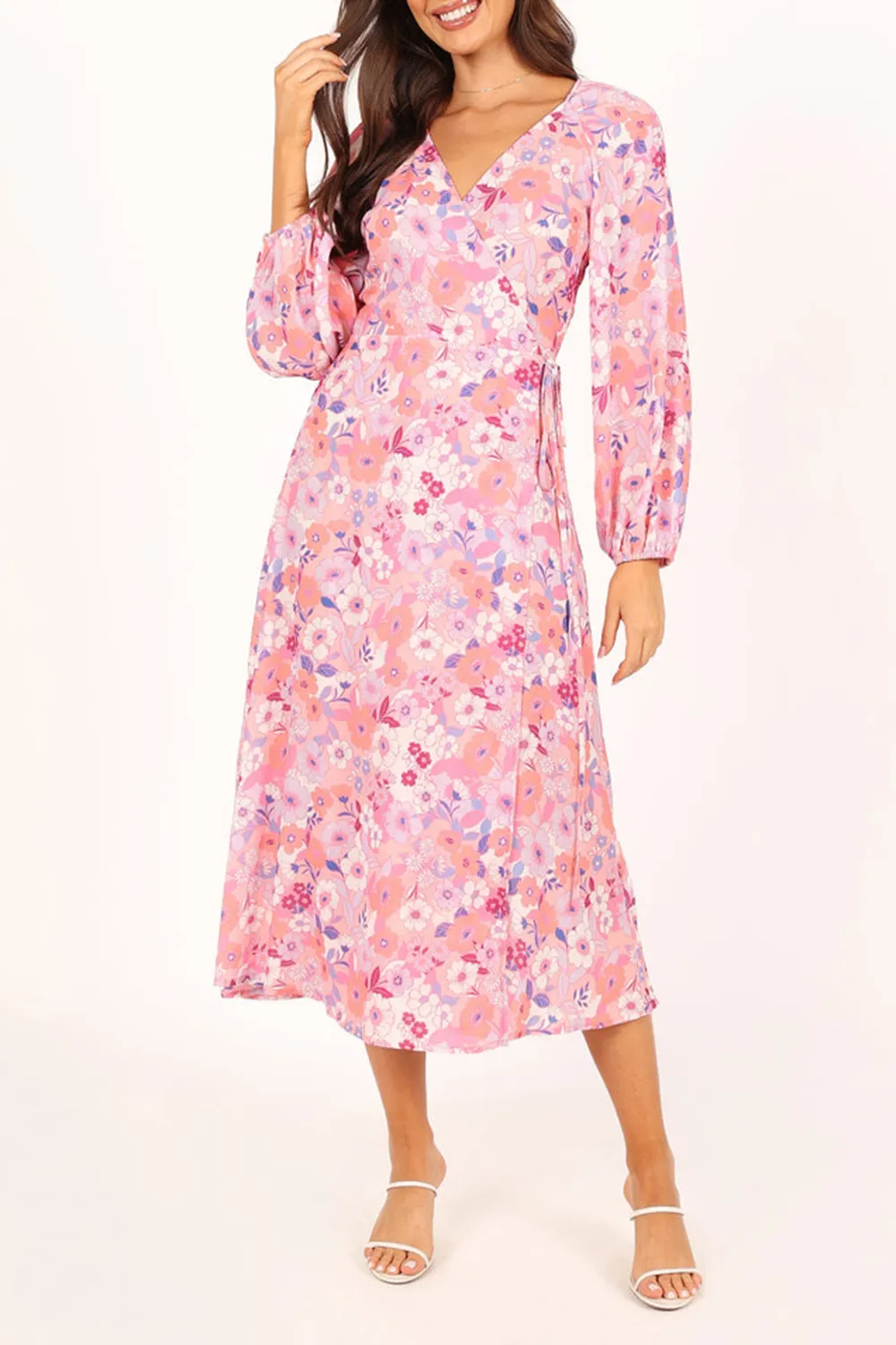 PINK FLORAL LONG SLEEVE MIDI DRESS