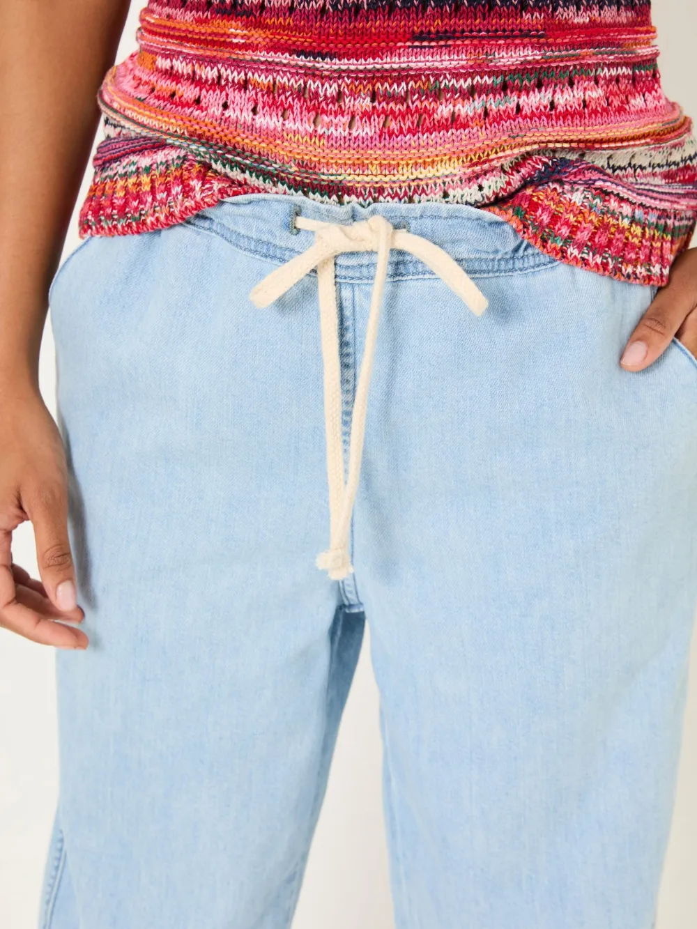 Light Blue Denim Straight Leg Drawstring Jeans