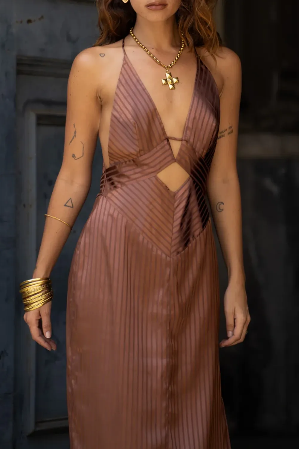 Mocha Striped Cutout Maxi Dress