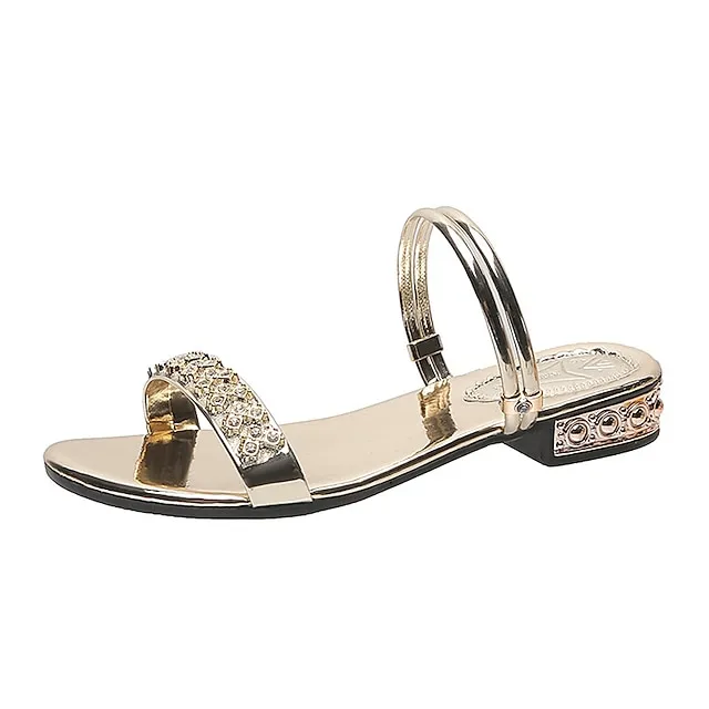 Women's Sandals Comfort Shoes Plus Size Wedding Party Daily Summer Rhinestone Low Heel Open Toe Fashion Vintage Elegant Faux Leather Loafer Solid Color Silver Pale Gold Black