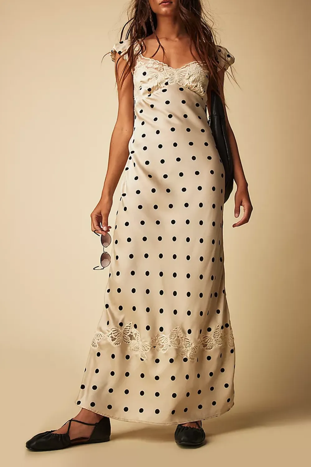 V Neck Floral Print Lace Trim Midi Dress