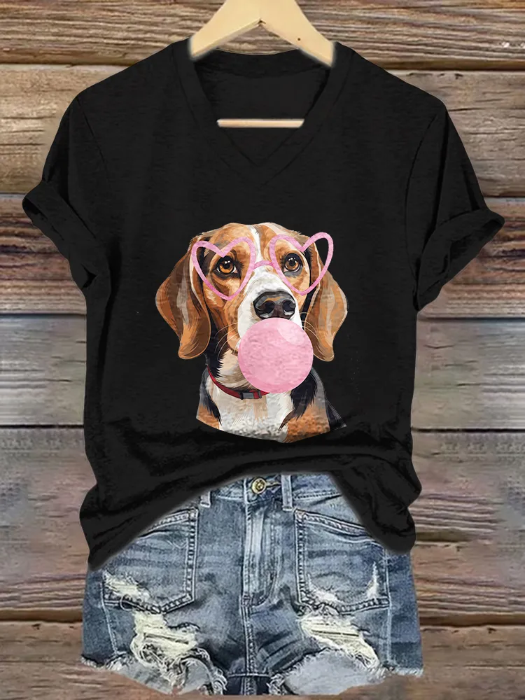 Woman's A Printed Dog Wearing Glasses V-Neck And Short Sleeves T-Shirt