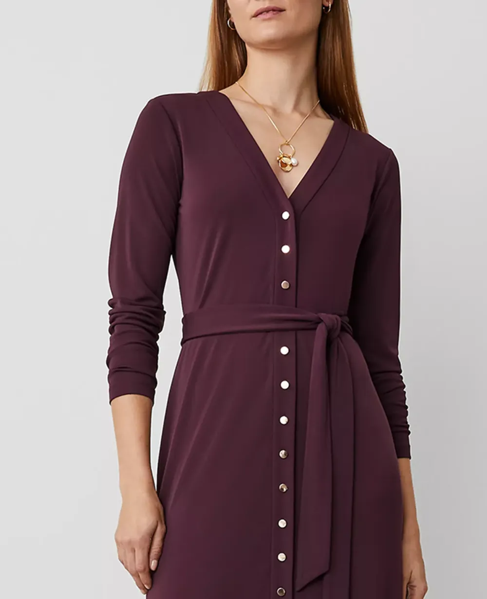 Button V-Neck Flare Knit Midi Dress
