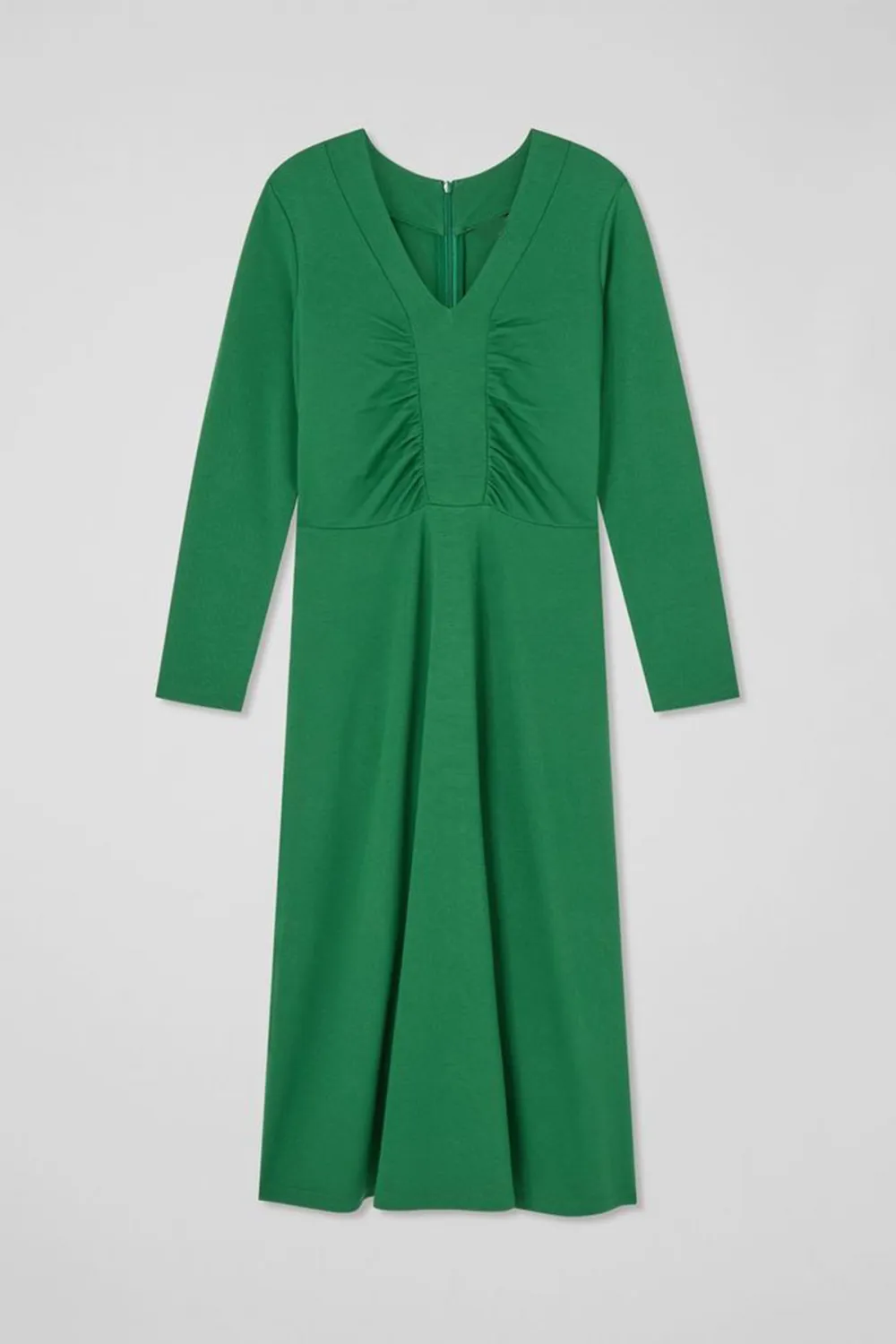 Green Ruched Front Long Sleeve Midi Dress