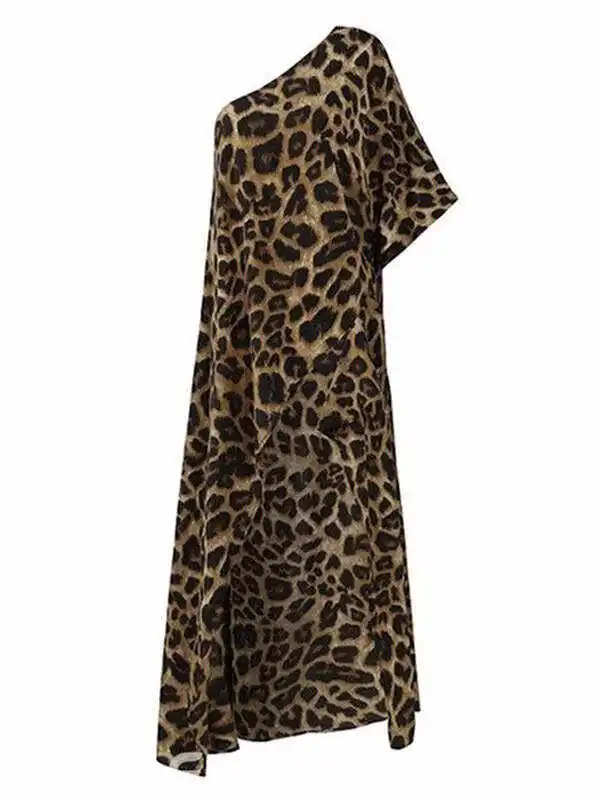 Stylish Leopard Printed Asymmetric One-Shoulder Loose T-Shirt Tops