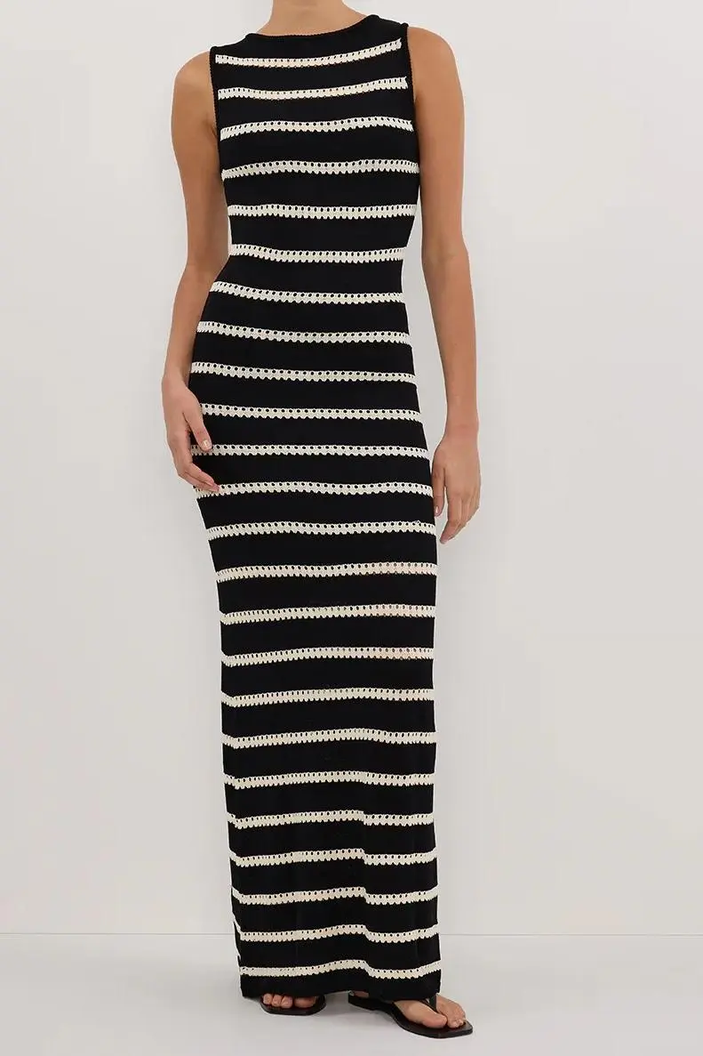 STRIPE BOAT NECK MAXI DRESS