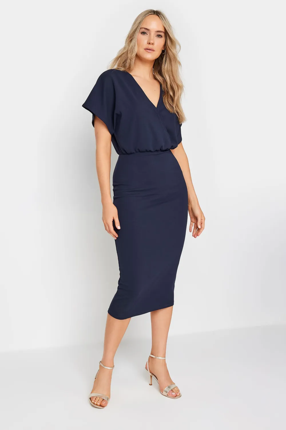 LTS Tall Navy Blue Scuba Wrap Midi Dress