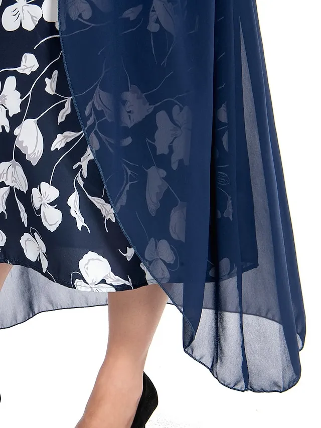 Women‘s Plus Size Curve Work Dress Floral V Neck Ruched 3/4 Length Sleeve Spring Summer Work Elegant Midi Dress  Layered Formal Vacation Dress Wedding Guest Dress