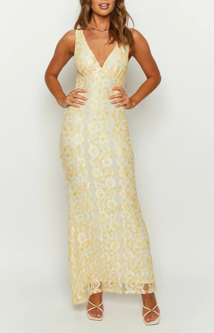 Yellow Floral Lace Maxi Dress