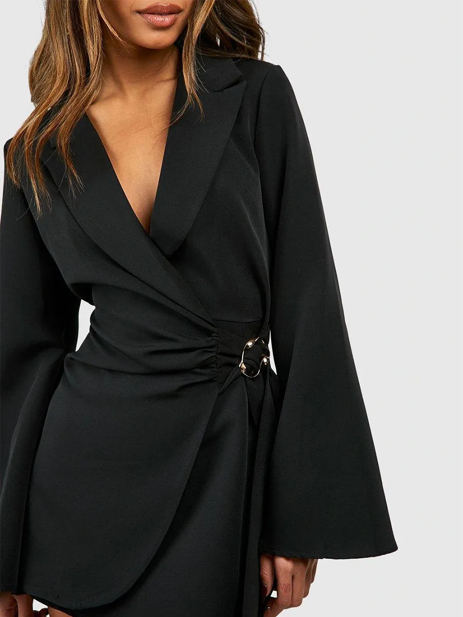 Women's Black Deep V-Neck Metal Buckle Tie Blazer Dress