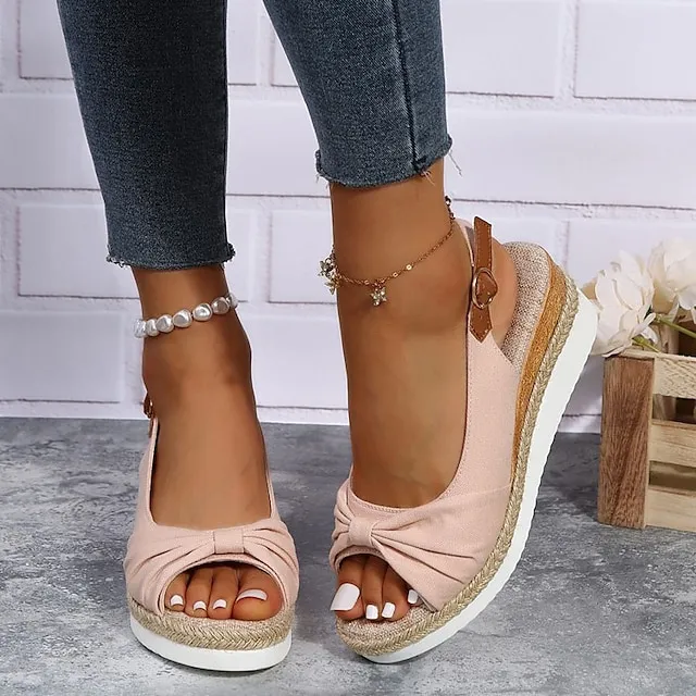 Women's Sandals Wedge Sandals Espadrilles Platform Sandals Outdoor Daily Beach Summer Bowknot Platform Wedge Heel Open Toe Vintage Elegant Casual Faux Leather Buckle Solid Color Black Pink Blue