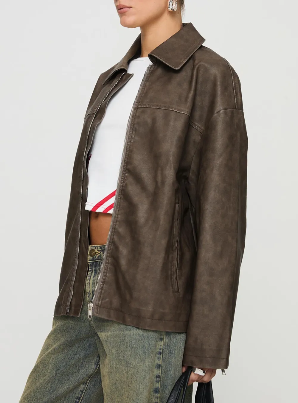 Brown Distressed Faux Leather Jacket