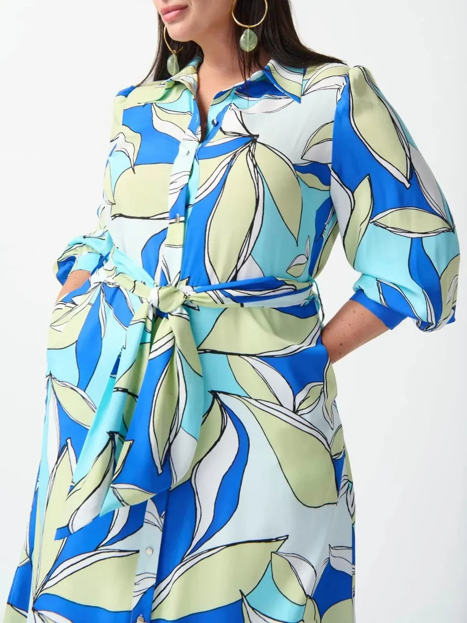 Blue and White Leaf Print Shirt Dress