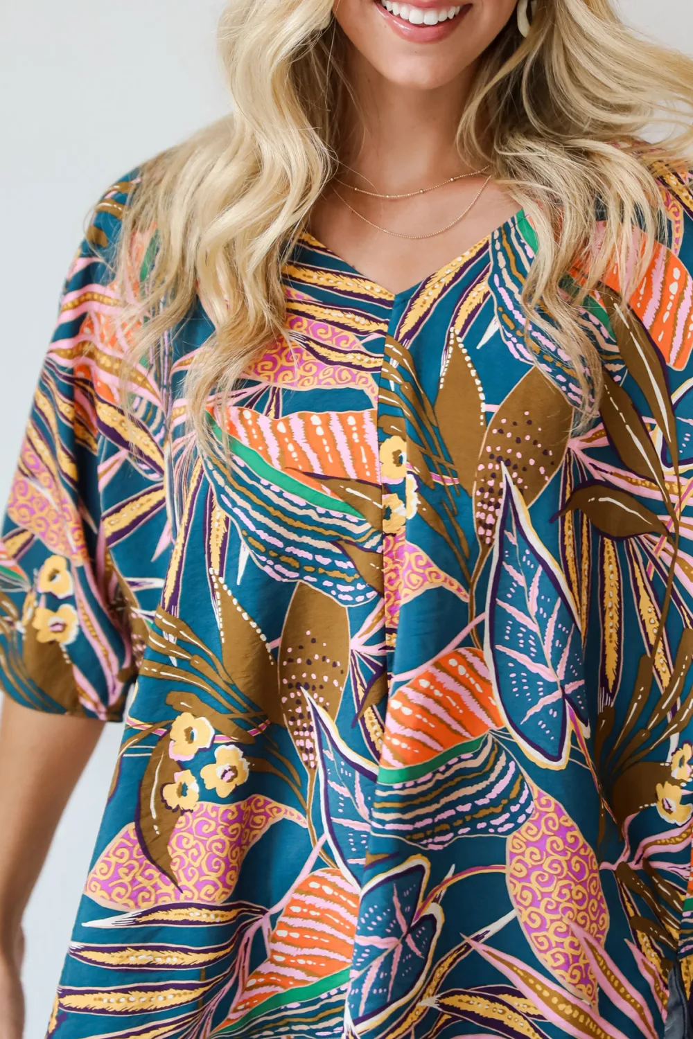 Incredible Allure Teal Leaf Print Oversized Blouse