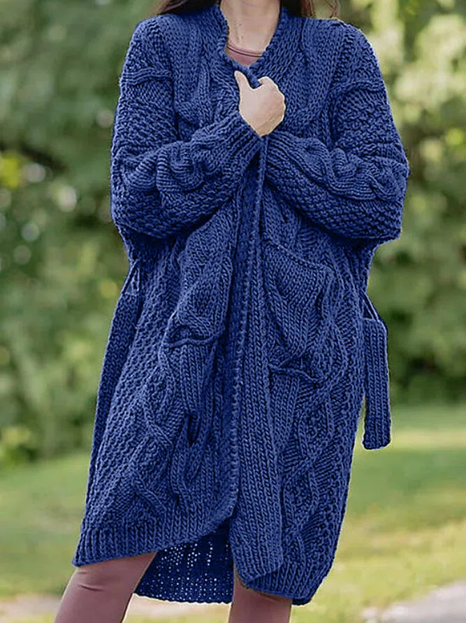 Plain Lace-Up Casual Sweater Coat