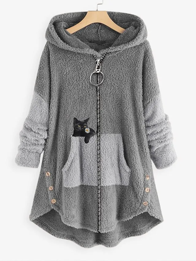 Women's Plus Size Teddy Coat Animal Cat Causal House Long Sleeve V Wire Regular Fall Winter Green Pink Dark Gray L XL XXL 3XL 4XL / Loose Fit
