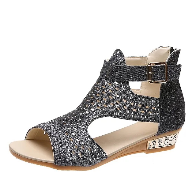 Women's Sandals Wedge Sandals Plus Size Party Outdoor Work Summer Spring Rhinestone Wedge Heel Peep Toe Elegant Classic Casual Faux Leather Zipper Solid Color Black Gold Beige