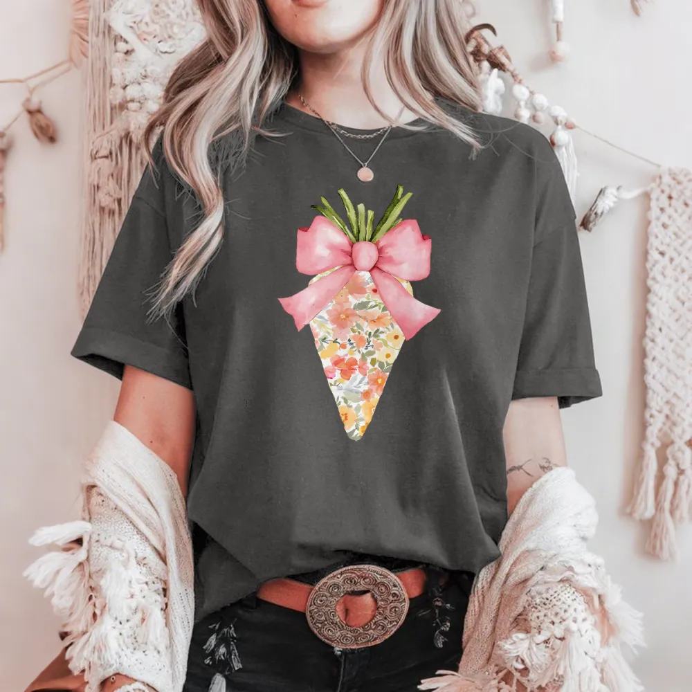 A Floral Design On A Carrot Top With A Pink Bow And Green Leaves On Top, Easter, Casual T-Shirt.