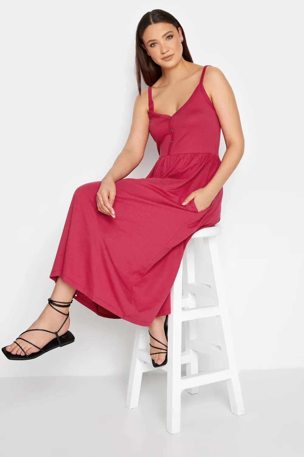 LTS Tall Hot Pink Button Through Midi Cami Dress