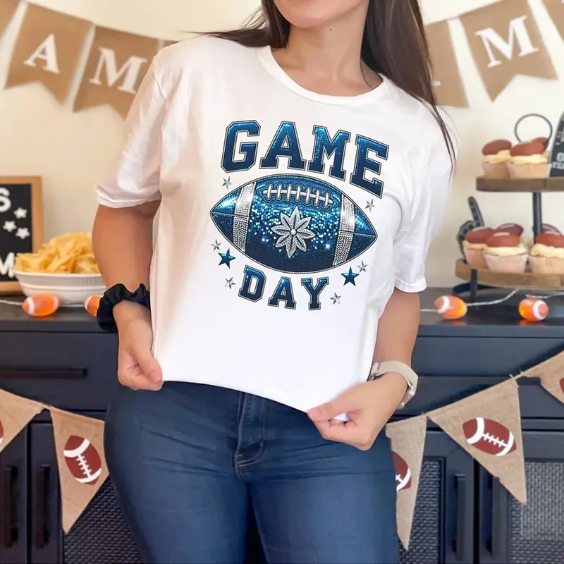 Women's Football Game Day Print Round Neck Short Sleeved T-shirt