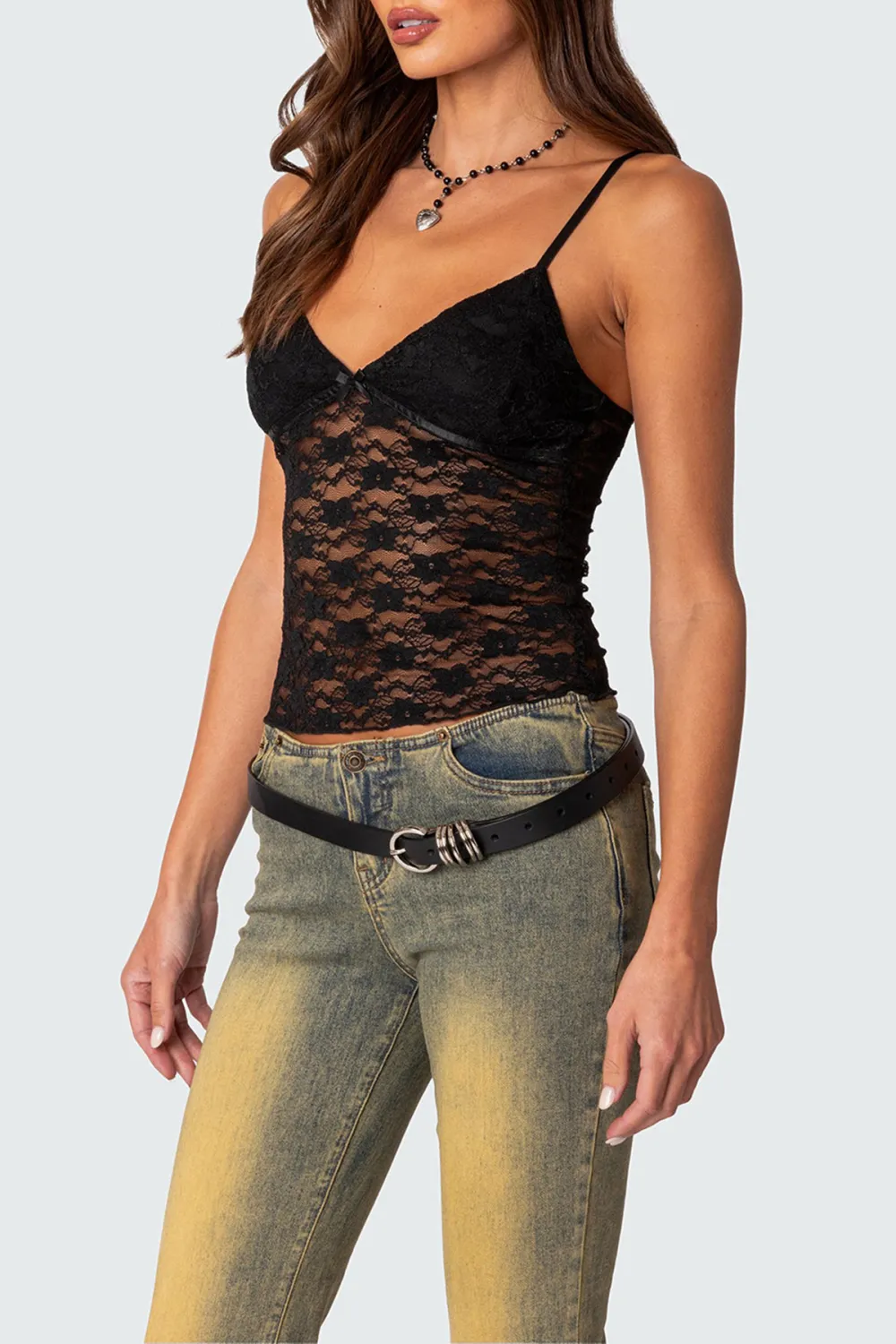 Bow Transparent Lace Tank Top