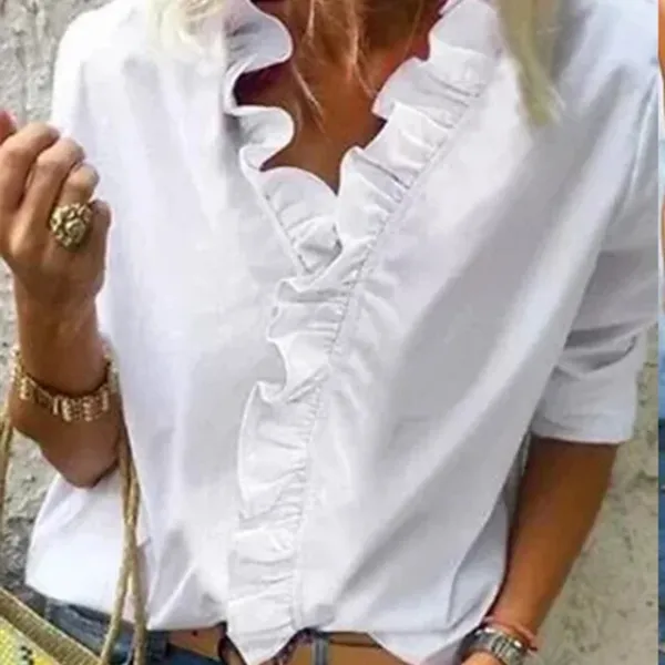 Women‘s Blouse Shirt V Neck Lettuce Trim Plain Modern V Neck Regular Spring &  Fall Green Blue White Orange