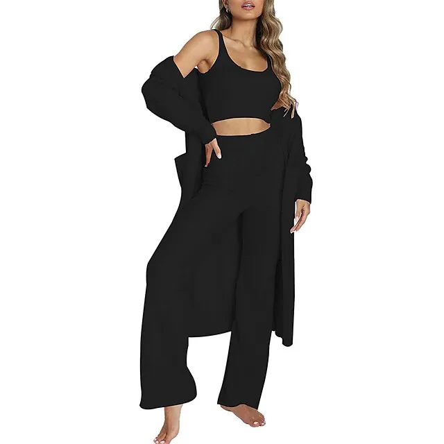 Women's Loungewear Sets Fluffy Fuzzy Sweatsuit 3 Pieces Pajama Pure Color Warm Fashion Simple Party Home Street Fleece Crew Neck Sleeveless Crop Top Pant Elastic Waist Winter Fall Black Camel