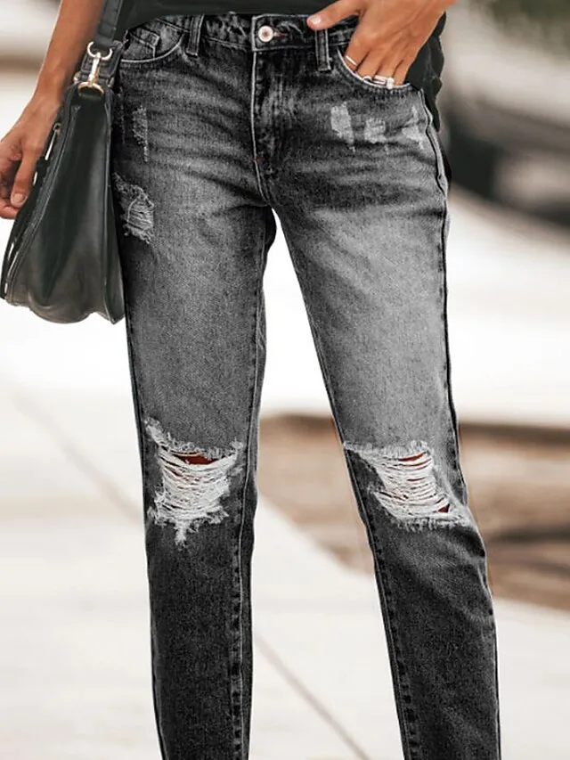Women‘s Low Rise Jeans Pants Trousers Distressed Ankle-Length Denim Side Pockets Cut Out Micro-elastic Mid Waist Fashion Casual Weekend Black Blue S M Summer Spring & Fall
