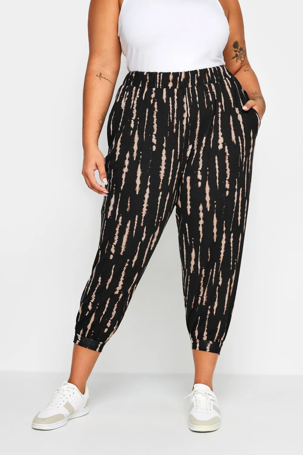 YOURS Curve Beige Brown Leaf Print Cropped Harem Trousers