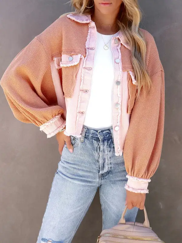 Waffle Patchwork Buttons Wash Jacket