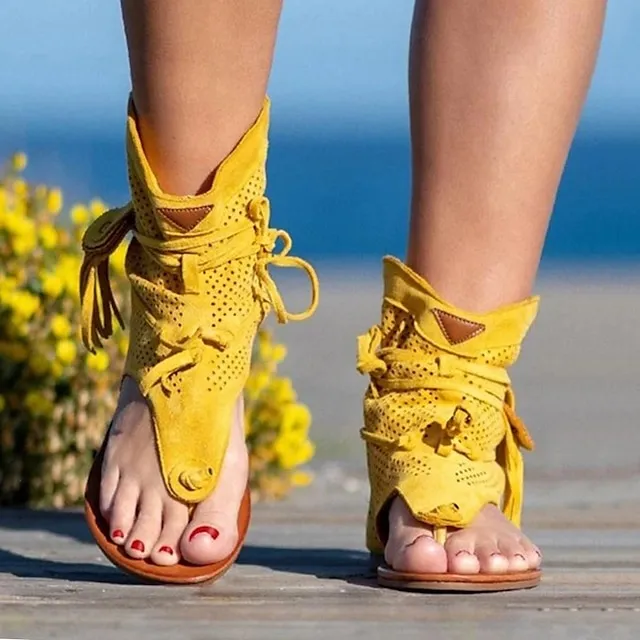 Women's Sandals Flat Sandals Gladiator Sandals Roman Sandals Outdoor Daily Beach Summer Lace-up Flat Heel Open Toe Vintage Casual Canvas Synthetics Loafer Solid Color Solid Colored Black Yellow Brown