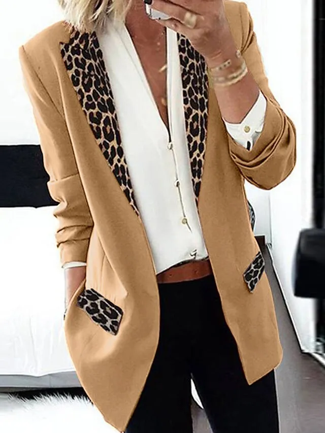 Women's Blazer Regular Print Coat Black Pink Wine Khaki Orange Casual Street Fall Open Front Turndown Regular Fit S M L XL XXL 3XL / Daily / Warm / Leopard