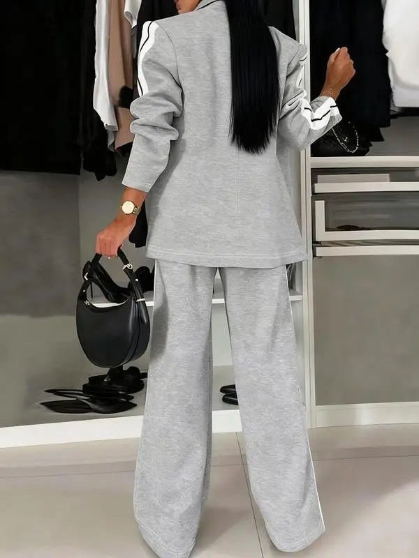 Women's Striped Print Blazer Jacket & Wide Leg Pants Set, Casual Fitted Suit for All Seasons, Stylish Ladies' Clothing Ensemble