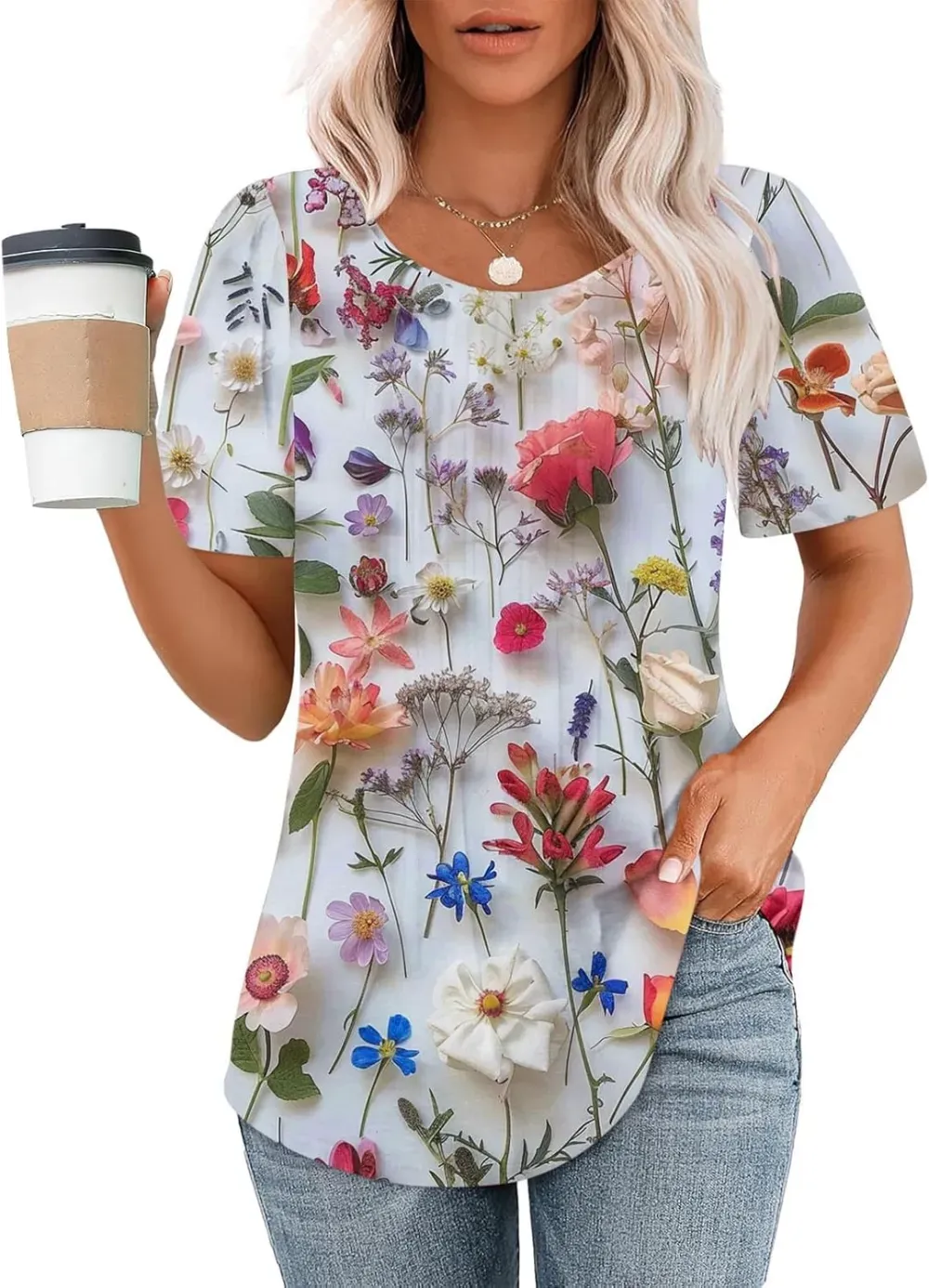 Womens Summer Pleated Front Shirts Tunics Casual Short Sleeved Loose Round Neck Boho Printed Tops Vacation Blouse