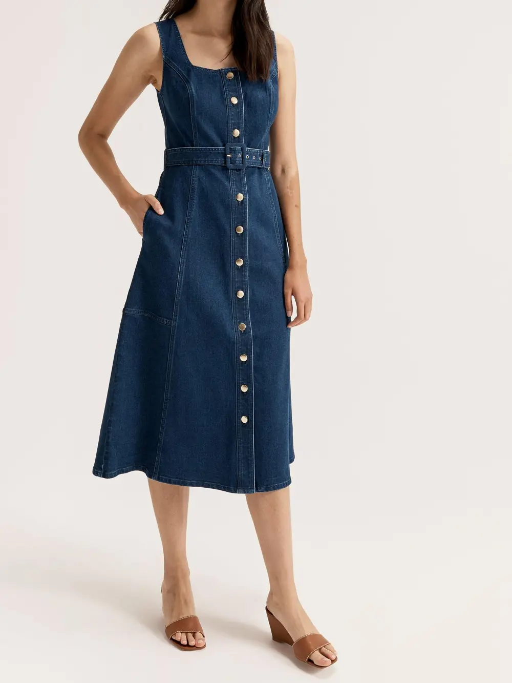 Square Neck Denim Midi Dresses