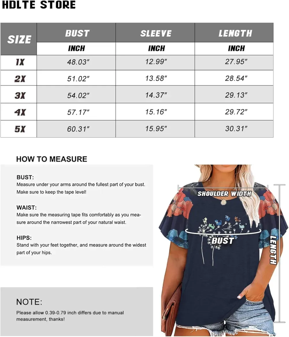 HDLTE Womens Plus Size Tops Floral Bell Sleeves Blouses Summer Crewneck Tunic Loose Casual T Shirts