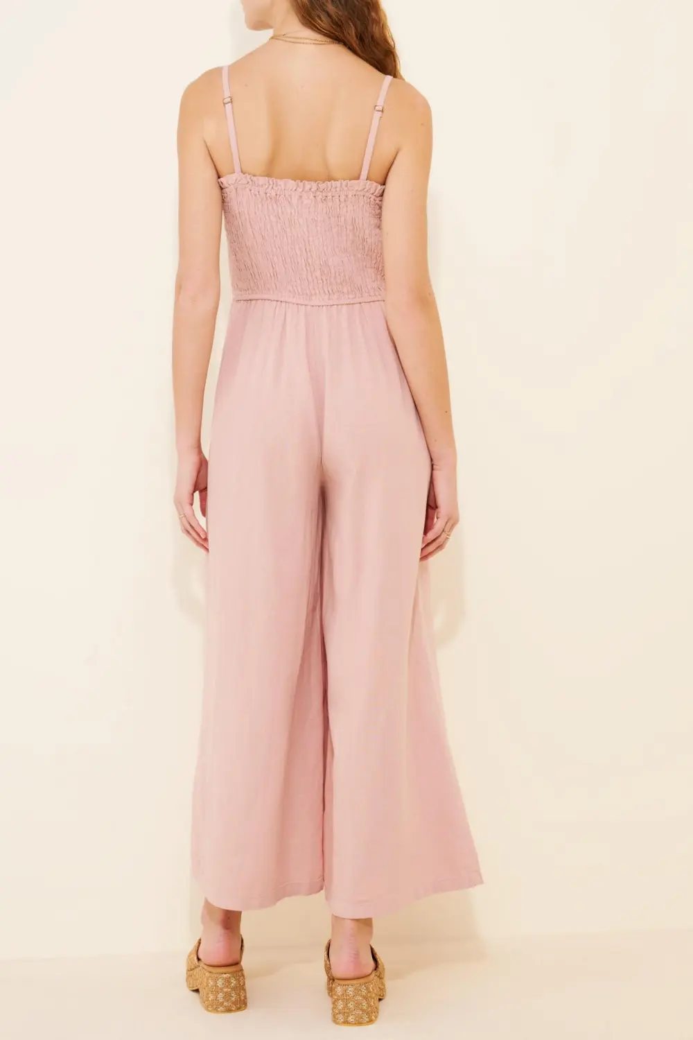 Smocked Linen Blend Wide-Leg Jumpsuit