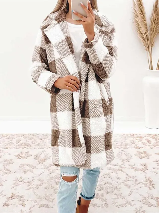 Women's Winter Coat Fleece Jacket Sherpa Jacket Thermal Warm Plaid Teddy Coat Open Front Lapel Long Coat with Pocket Fall S M L XL 2XL