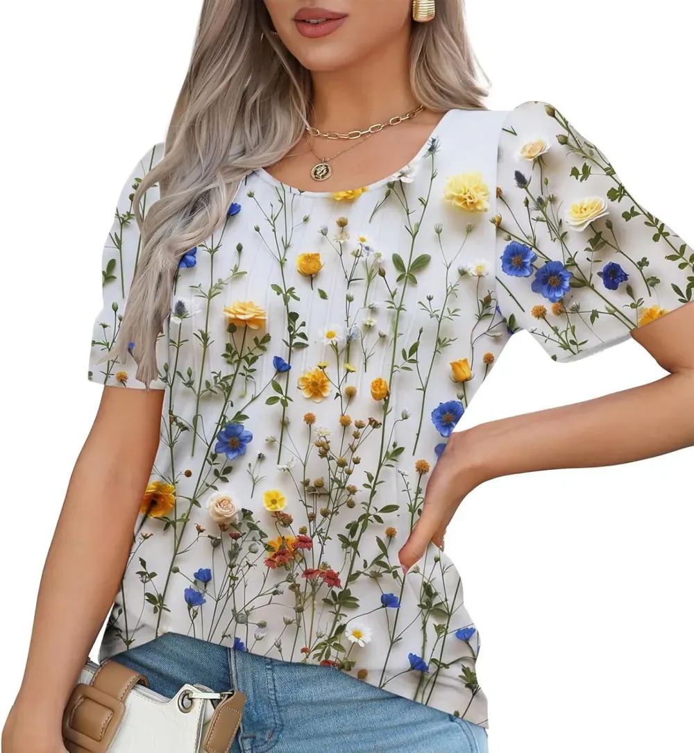 Womens Summer Pleated Front Shirts Tunics Casual Short Sleeved Loose Round Neck Boho Printed Tops Vacation Blouse
