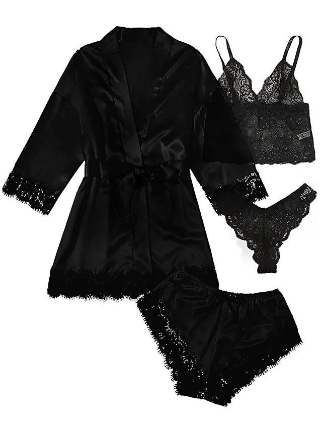 Women's Lace Satin Silk Pajamas Sets 4 Pieces Pure Color Simple Casual Soft Home Daily Bed Satin Breathable V Wire Long Sleeve Shorts Summer Spring Black Pink