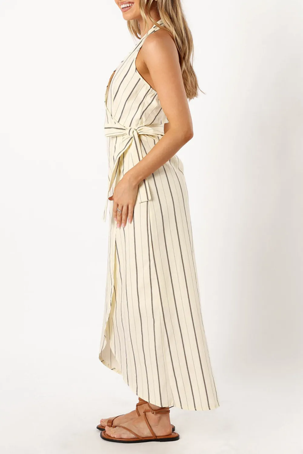 STRIPED PRINT WRAP MIDI  DRESS