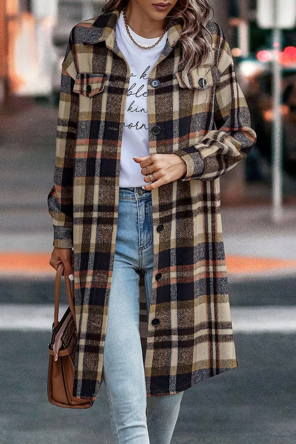 Women's Plaid Shacket 2023 Long Sleeve Button Up Flannel Shirt Winter Tartan Jacket Woolen Coats