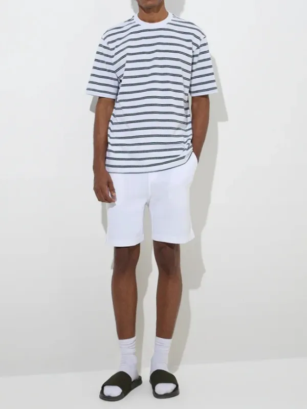 Striped Light Grey Cotton Blend T-Shirt